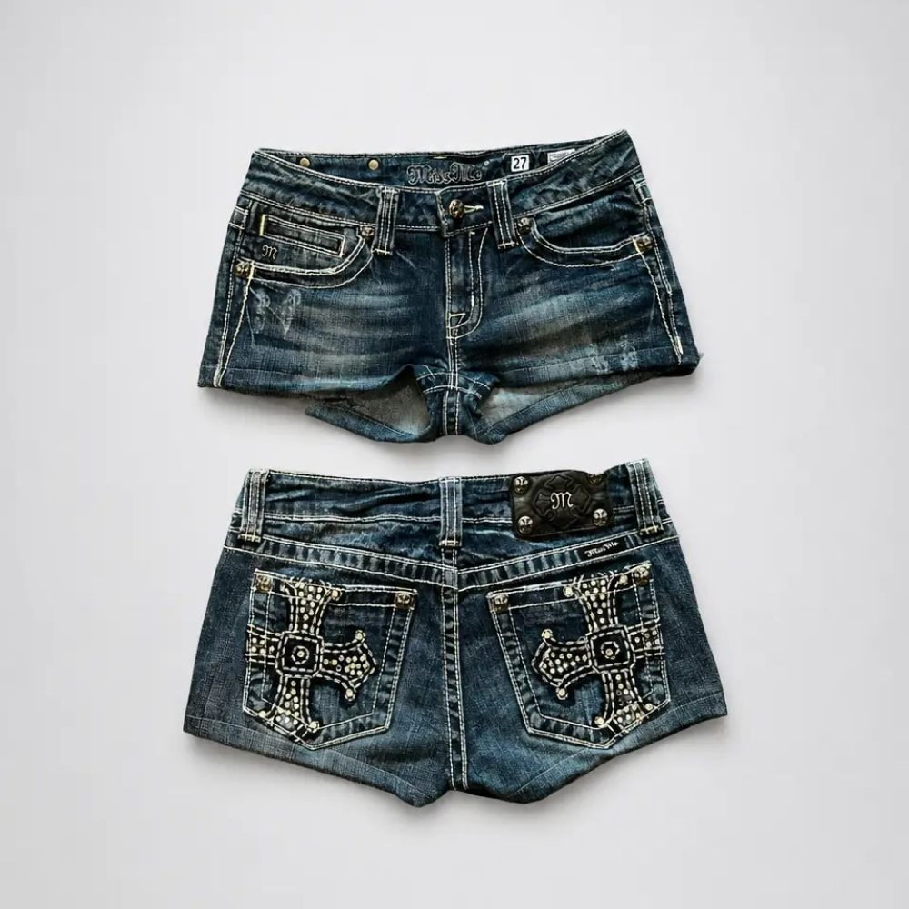 Vintage Collectible Buttons - Washed Blue Pattern Rhinestone Shorts for